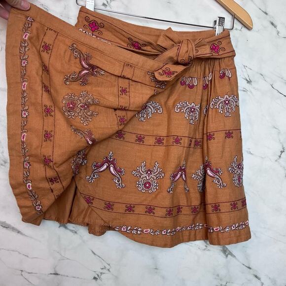 Anthropologie Meghan Embroidered Belted Mini Skirt with Pockets Orange Pink 4 - Picture 4 of 14